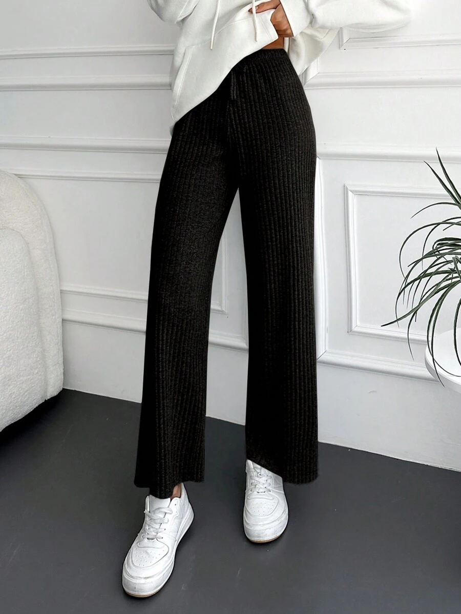 EURMUSE Cotton Solid Ribbed Knit Straight Leg Pants - Black - View 1