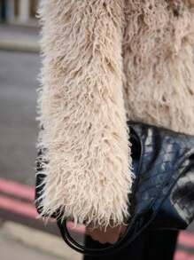 AiiRZ Luxury Faux Mongolian Lamb Fur Jacket Winter Plush Cropped Shaggy Outerwear Statement Party Evening Fluffy Short Coat Fashion Forward - Camel - View 4