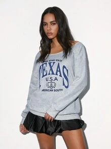 SHEIN Unity 1 件女士休闲百搭简约舒适露肩露肩字母印花长袖运动衫，秋冬 - 杏色 - 查看 4