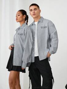 Manfinity VCAY 男女通用宽松字母图案印花长袖休闲编织条纹衬衫 - 彩色 - 查看 5