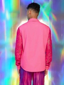 FeverCity 男士蕾丝拼布前扣长袖休闲衬衫，日常穿着 - 玫紅色 - 查看 2