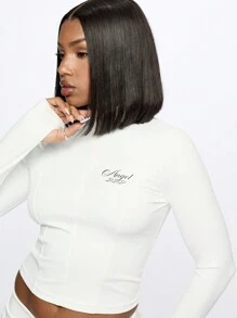 SUMWON WOMEN Half Zip Long Sleeve Crop Top With Form Fitting High Neck Design Modern Minimal Aesthetic Street Style Athleisure Fashion Winter Spring Wear - White - View 3