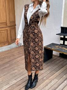 SHEIN LUNE Brown Jacquard Suspender Long Pencil Dress, Christmas And Thanksgiving Dress