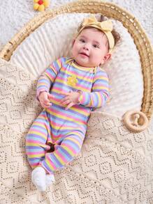 SHEIN Newborn Baby Girl Colorful Striped Long Sleeve Jumpsuit & Headband Set, Autumn/Winter - Multicolor - View 3