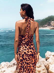 Opulessa Woven Leopard Print Halter Neck Backless Tank Top For Women - Brown - View 3