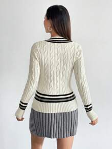 SHEIN Unity Women's V-Neck Contrast Color Pleated Skirt And Elegant Two-Piece Sweater Set, Collegiate Style, Autumn/Winter - Apricot - View 2