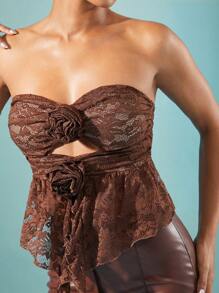 Hauture 3D Floral Cut Out Strapless Ruffle Split Hem Lace Top - Brown - View 2