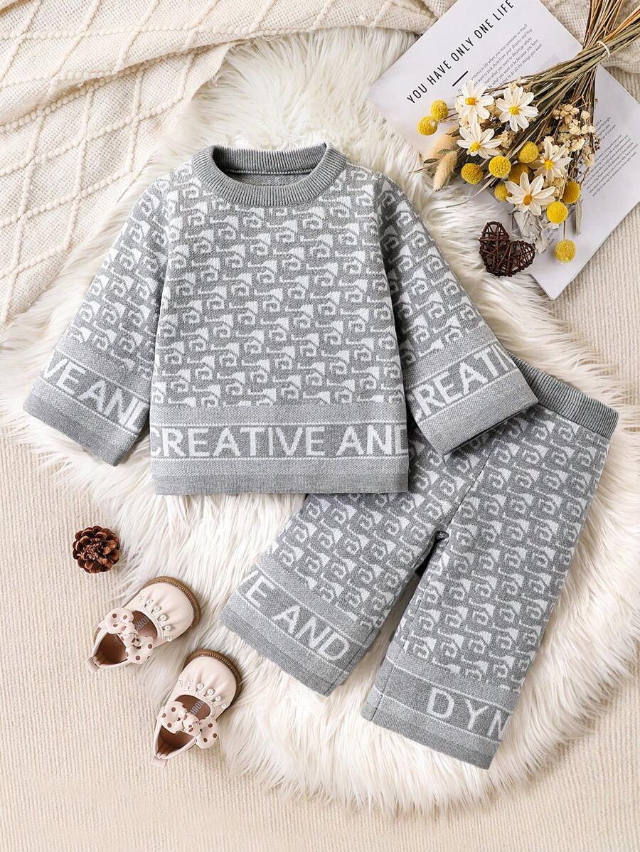 Baby Girls 2pcs Set Grey Co-Ord Outfit,Checkerboard Knitted Crew Neck Sweater & Wide Leg Pants,Casual Autumn Back-To-School Fashionable Knitwear Set - Multicolor - View 1