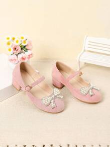 1 Pair Children Simple Casual High Heel Shoes With Bow Decor - Pink - View 4