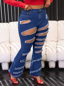 Slaydiva Plus Size Front Button Pocket Ripped Simple Denim Jeans, Casual Daily Wear - Blue - View 6