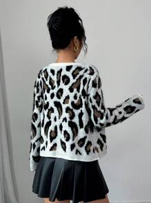 Chiquease Women Leopard Print Round Neck Pearl Button Front Long Sleeve Knit Casual Cardigan