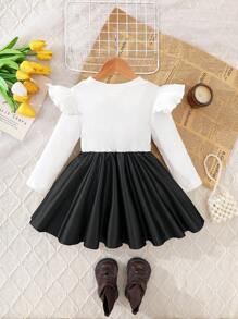 SHEIN Baby Girl Casual Colorblock Bow Decor Patchwork Dress, Autumn - White - View 2