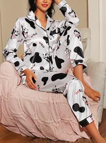 SweetSlumber Conjunto de pijama de satén con estampado de vaca y ribete de contraste