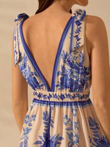 CAJUNI 女式深 V 领无袖系带休闲度假海滩长裙，波西米亚风热带花卉蓝色印花连衣裙，夏季 - 藍白色 - 查看 6