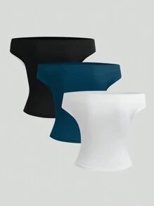 Sweetra Women Pleated Solid Color Off Shoulder Short Sleeve Casual Top - Multicolor - View 2