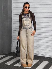 SHEIN ICON Women's Wide Strap Button Pocket Simple Casual Denim Bib Pants