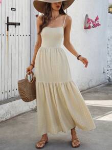 Chiquease Women's Vacation Style Textured Fabric Dress With Cami Straps - Apricot - View 5