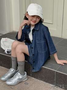 Dazy Kids 2pcs Tween Girl Tween Girl Denim Collared Shirt And Shorts Set, Autumn - Dark Wash - View 7