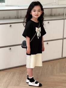 Dazy Kids 年轻女孩圆领蝴蝶结印花针织网眼拼接短袖春夏连衣裙 - 黑色 - 查看 4