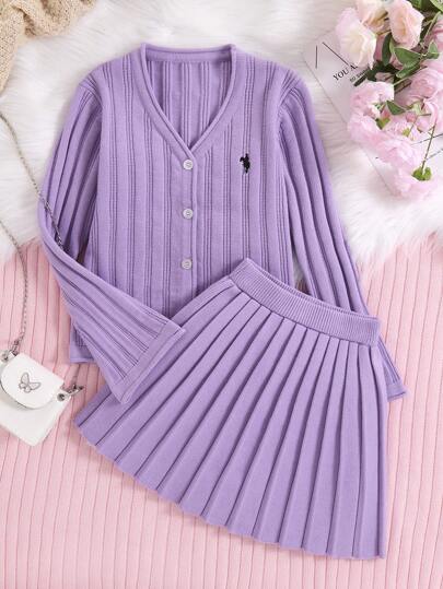 2pcs/Set Girls Fashion V-Neck Knit Cardigan & Pleated Hem Sweater Skirt Suit