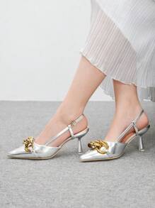 CUCCOO BIZCHIC Women's Metallic Gold Chain Decor Pointed Toe Stiletto High Heels, Elegant Party/Banquet Shoes, Silver PU Leather, Suitable For Nightclub, Party, Commuting, Blogger Style, Music Festival, Workplace - Silver - View 1