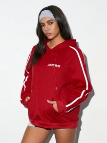 Flirla 1 pieza Sudadera con capucha casual y versátil de minimalista con estampado de letra y bolsillo tipo canguro, color rojo, para otoño/invierno y ropa de Año Nuevo