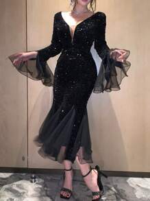 DAZY Đầm sequin tay xòe cổ chữ V cho nữ, đầm dạ hội, đầm dự tiệc xuân/hè, đầm dự tiệc xếp tầng, đầm dạ hội sang trọng, đầm đêm giao thừa, đầm lấp lánh ngày Valentine, đầm maxi. - màu đen - Xem 4