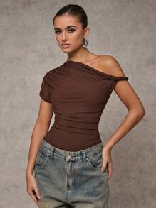 Body de mujer con cuello asimétrico, drapeado y ajustado en un solo color - Café integral - Ver 5