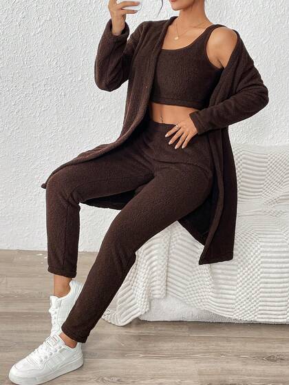 2pcs/Set Women Winter Plush Outfit, Long Sleeve Jacket + Cropped Vest + Pants, Fitted, Elegant Plush Suit, Comfortable, Simple, Stylish, Brown Plush Suit, Family Matching Mother-Daughter Fall Cloth For Women