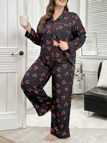 SHEIN Conjunto de pijama de manga larga con abertura frontal con estampado de cerezas, talla grande - Multicolor - Ver 5