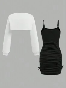 SHEIN Girlism Set de 2 piezas para adolescente: Sudadera corta de color liso y vestido camisola con plisado y estampado de letras