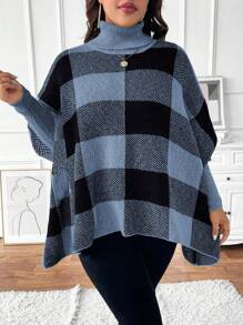Celure Plus Size High Neck Long Sleeve Plaid Simple Casual Pullover Sweater