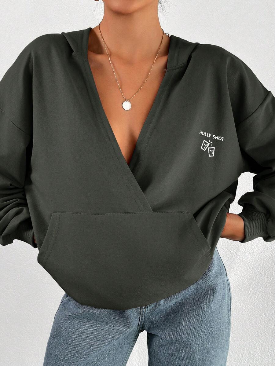 EURMUSE 100%Cotton Letter Graphic Drop Shoulder Hoodie - Army Green - View 1