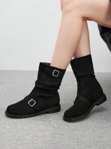 CUCCOO BIZCHIC Botas negro de media pantorrilla con detalles de botones rizado, botas de mujer estilo caballero, plataforma de tacón plano de tacón grueso, botas de motociclista