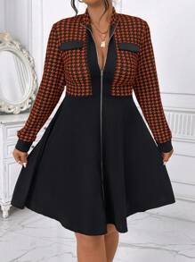 SHEIN Clasi 大码女式千鸟格拼接长袖拉链领优雅连衣裙，适合秋季