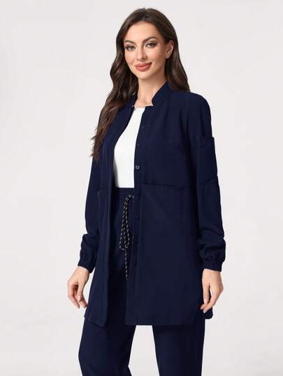 TaskEZ Chaqueta de uniforme quirúrgico de manga larga de unicolor con múltiples bolsillos