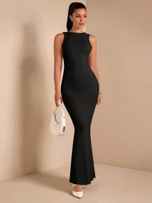 SHEIN BAE Váy thanh lịch hở lưng màu mơ không tay dành cho nữ, thích hợp cho tiệc cocktail, hẹn hò lãng mạn, mặc nhiều lớp vào mùa thu/đông, tiệc tùng, dịp trang trọng, Halloween, Giáng sinh - màu đen - Xem 4