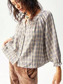 Bohemela 休闲编织格子 V 领宽松 3/4 袖女式衬衫 - 藍色 - 查看 5