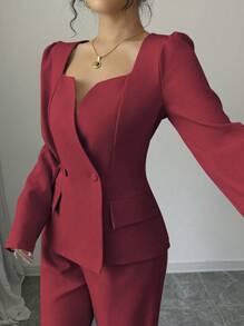 Elenzga Apricot Elegant Long Sleeve Square Collar Waisted Short Jacket + High Waist Long Pants Set, Early Autumn