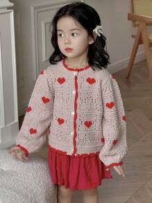 DAZY Young Girl Heart Graphic Crew Neck Long Sleeve Single Breasted Casual Cardigan, Autumn/Winter