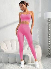 Easithlete Women's Solid Color Open Back Camisole And 7/8 Pants Sports Suit Workout Women Set - Pink - View 4