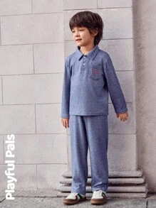 SHEIN 2 件套年轻男孩套装牛仔彩色条纹基本休闲长袖 Polo 衫和长裤套装可爱/复古/休闲/外出秋冬/春季适合上学和外出 - 藍色 - 查看 6