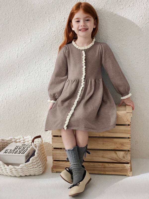 Blossori Young Girl Ruffle Trim Crew Neck Long Sleeve Loose Cute Sweater Dress