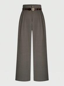 Celure Plus Size Women Houndstooth High Waist Belt Wide Leg Pants