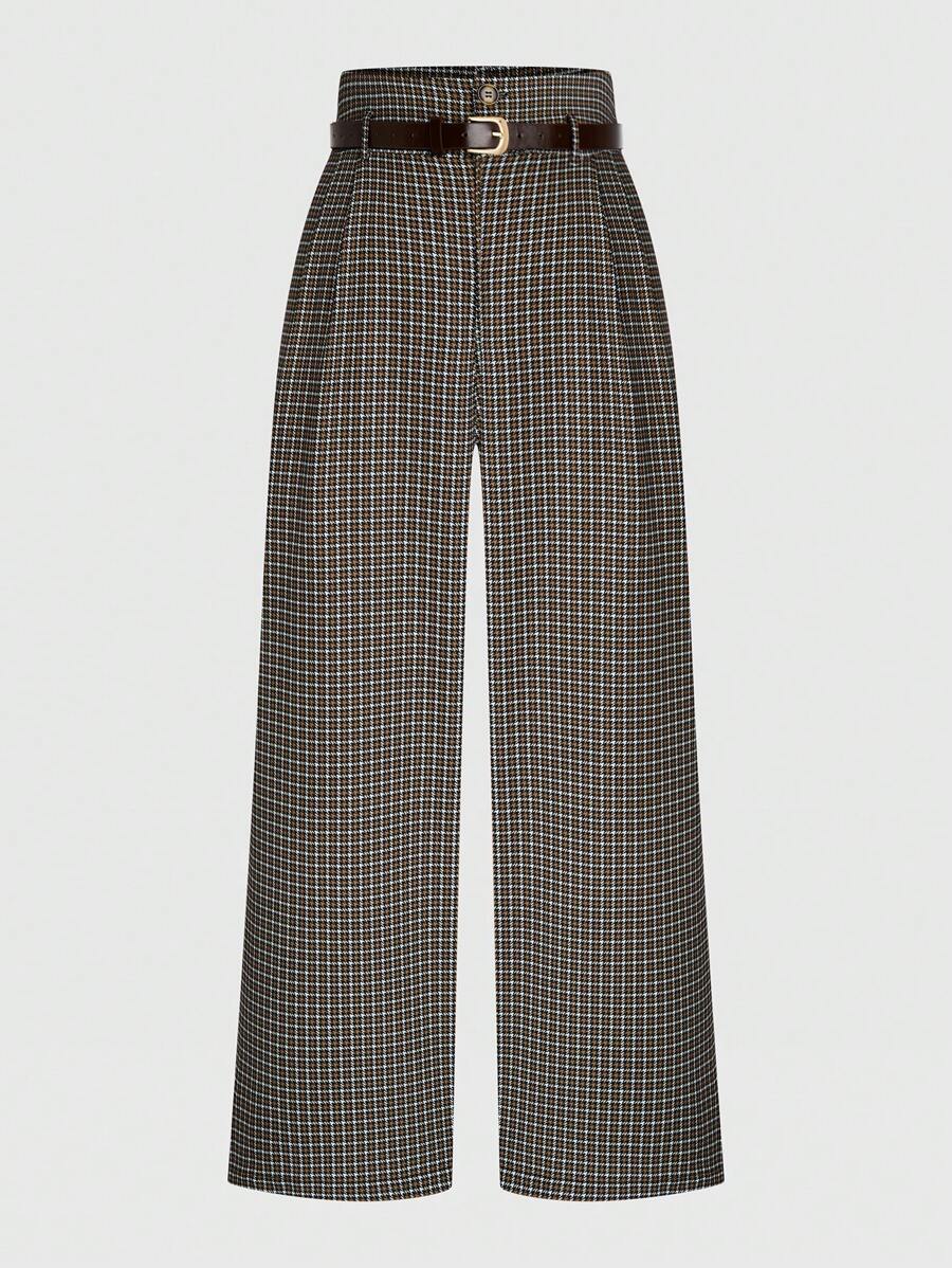 Celure Plus Size Women Houndstooth High Waist Belt Wide Leg Pants