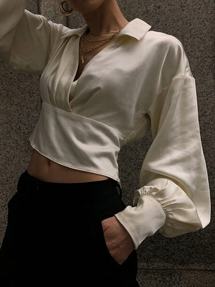 Women Short Design Turndown Collar Long Sleeve White Shirt, Apricot Color, Spring/Summer/Autumn Crop Women Tops