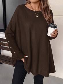 EMERY ROSE Plus Size Winter Loose-Fitting Sweater Pullover With Metal Button Design On Cuffs, Suitable For Going Out, Vacation, Workwear, And Home