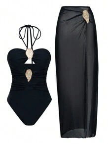 Swim Oasis 2 件套女士纯色金属镂空吊带连体泳衣和网眼沙滩罩裙套装夏季 - 黑色 - 查看 5