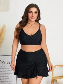 Swim Lushoire Conjunto de 2 piezas para mujer talla grande de unicolor con parte superior cruzada con dobladillo fruncido y Bottom plisada con cordón lateral, para uso diario, resort o playa en verano - Negro - Ver 3