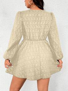 SHEIN Unity Plus Size Elegant Solid Color Jacquard Lantern Sleeve Cinched Waist Mini Dress For Autumn Fall Cloth For Women - Apricot - View 2